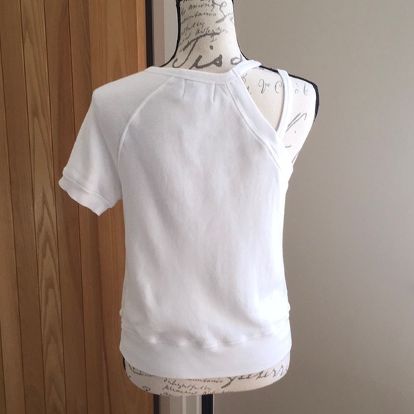 Pam & Gela, Strappy One Shoulder Short Sleeve Sweatshirt Top. White. Small - Picture 4 of 11